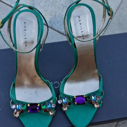 Marilena Emerald Green Satin and Leather Heeled Sandals like new, size 37