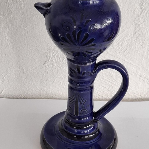 Handmade ceramic oil lamp with Sifnos style, cobalt blue, like new