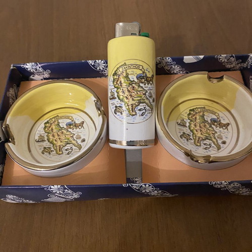 Vintage Zakynthos Set with 2 Ceramic Ashtrays and Refillable Lighter