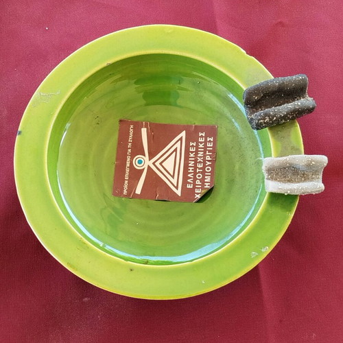 Ceramic ashtray new handmade Greek green with circular lines