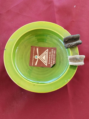 Ceramic ashtray new handmade Greek green with circular lines