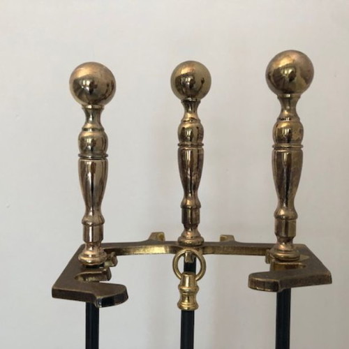 Fireplace set used with stand, 3 iron and brass tools