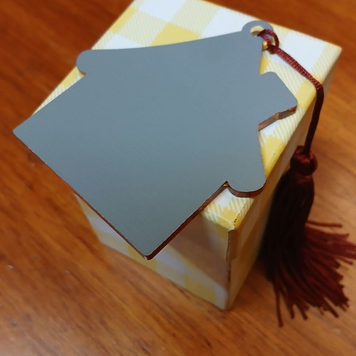 House-shaped plexiglass mirror charm new with burgundy tassel