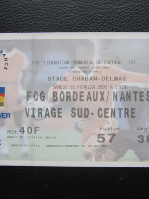 Εισιτήριο ποδοσφαίρου Bordeaux Nantes 10/2/2001