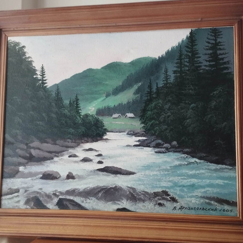Oil painting on canvas signed 2005, like new, framed mountain landscape