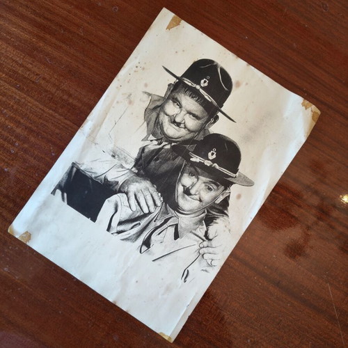 Vintage Laurel & Hardy charcoal portrait from Great Guns (1941) used