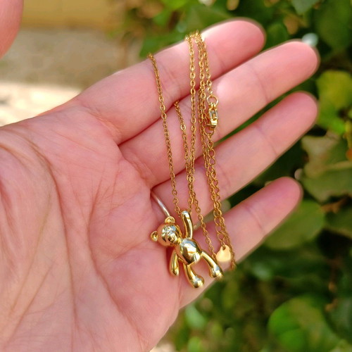 Steel necklace with 18K gold-tone bear pendant, handmade from scratch