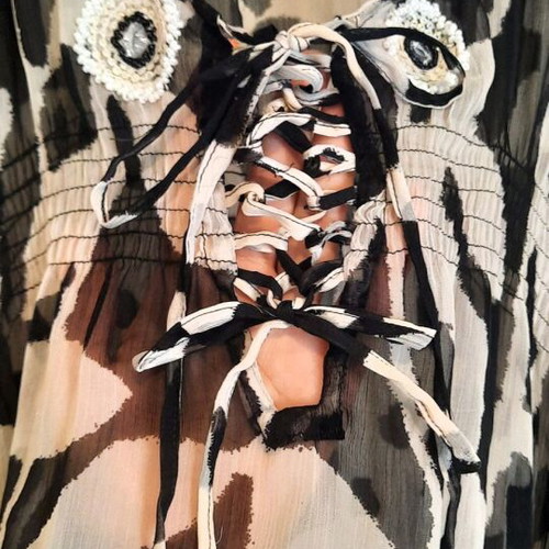 Light Animal Print Beach Kaftan with Beaded Embroidery and Corset Ties, like new