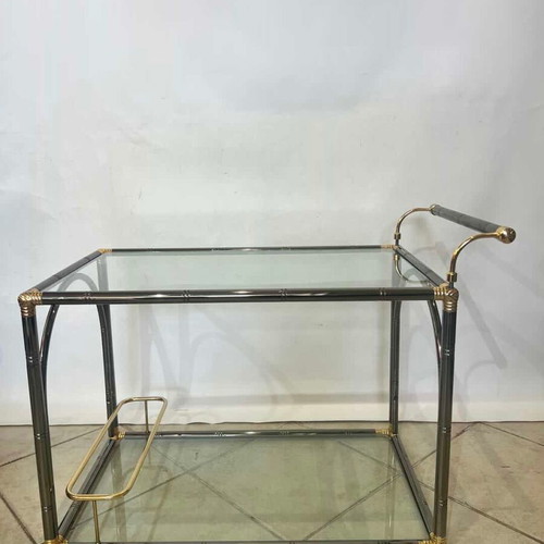 Vintage bar trolley with glass and metal frame used