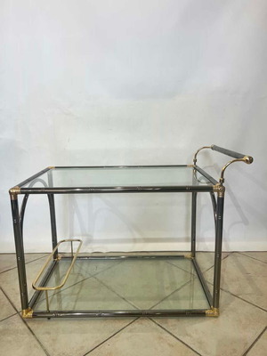 Vintage bar trolley with glass and metal frame used