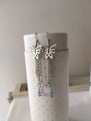 Stainless steel long earrings with butterflies and blue stones new