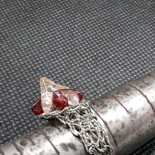 Handmade white metal ring with quartz and garnet semi-precious stones