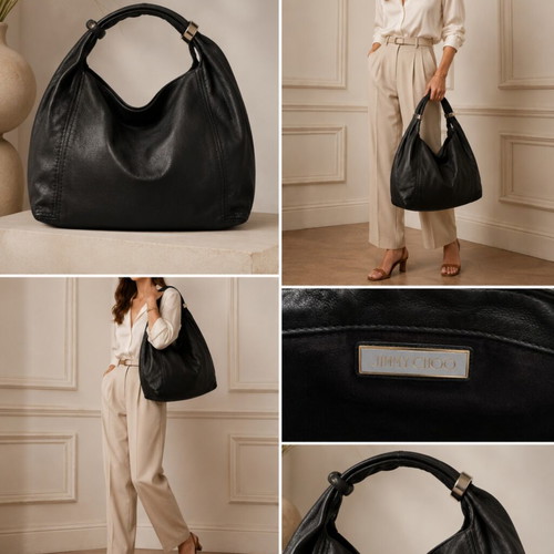 Jimmy Choo shoulder bag used, large black leather tote with gold accents