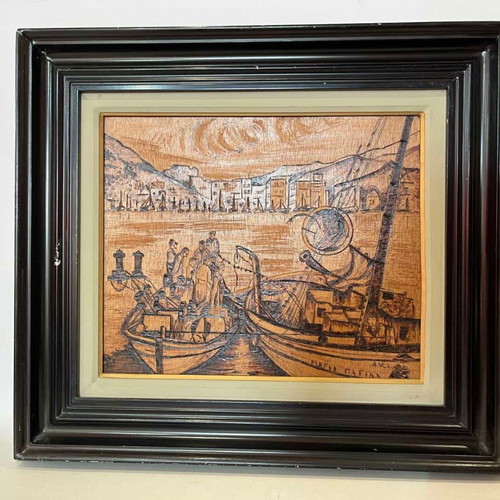 Vintage pyrography wall art with fishermen and artist signature, 45x50