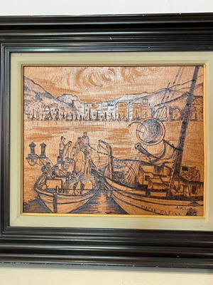 Vintage pyrography wall art with fishermen and artist signature, 45x50