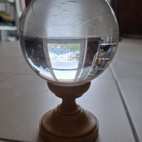 Crystal sphere with wooden base like new, 11cm diameter