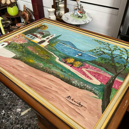 Painting on Island with Chapel like new, framed art