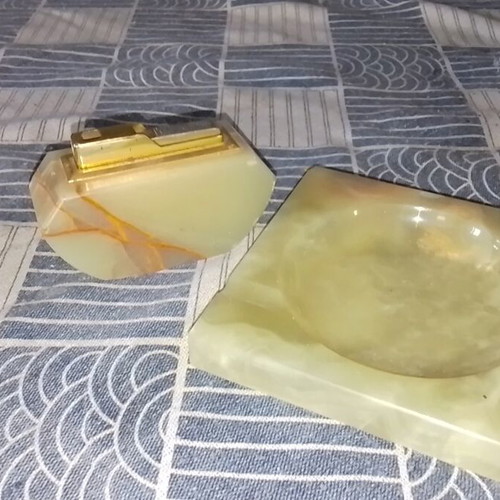 Vintage ashtray, lighter and jewelry box set from green onyx