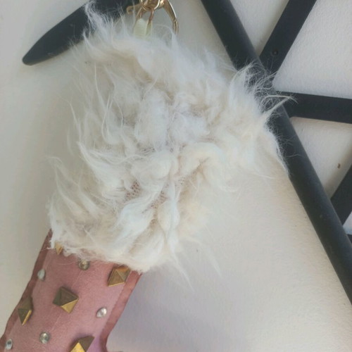 Large pink boot keychain with studs and Scandinavian decorative gnome