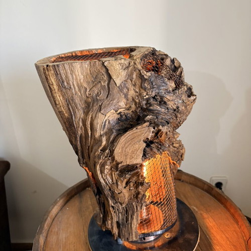 Handmade table lamp from natural wood with vinyl base & dimmer