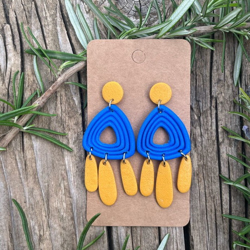 Blue geometric statement earrings made of polymer clay and steel metal new
