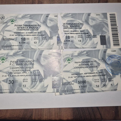 Panathinaikos Champions League tickets 2001-2002 season, set of 5