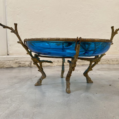 Jardiniere decorative bowl used, Victorian blue glass with Mary Gregory painting
