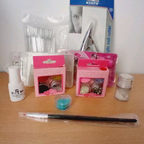 Nail art items used, decoration set with tips and glue