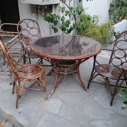 Bamboo furniture set with round and rectangular glass tables and 6 chairs