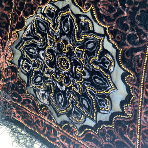 Vintage silk scarf with velvet and beads, like new, 150x50 cm