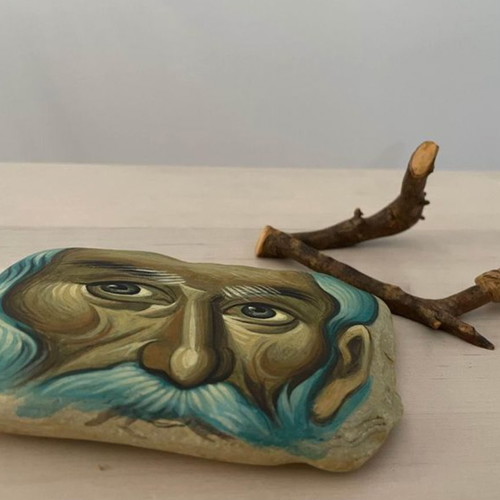 Byzantine icon on sea stone used, handmade