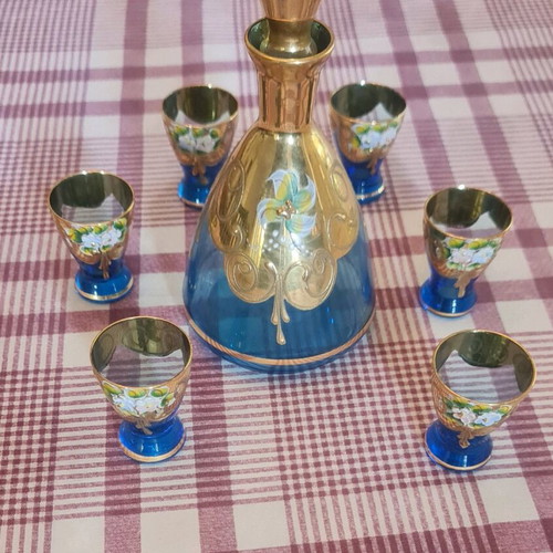 Vintage Tre Fuochi blue crystal liqueur set with 24K gold and embossed flowers like new (7 pcs)