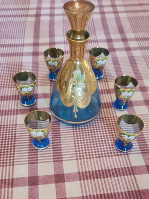 Vintage Tre Fuochi blue crystal liqueur set with 24K gold and embossed flowers like new (7 pcs)