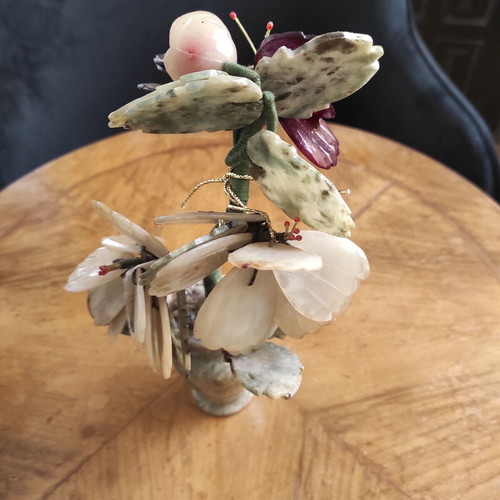 Vintage Chinese tree made of Jade and Rose Quartz stones, hand-carved, used