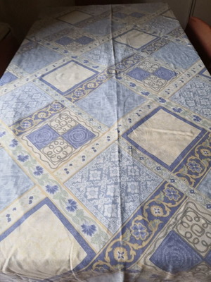 Double duvet cover with Aegean blue, cream and white geometric and floral patterns, cotton