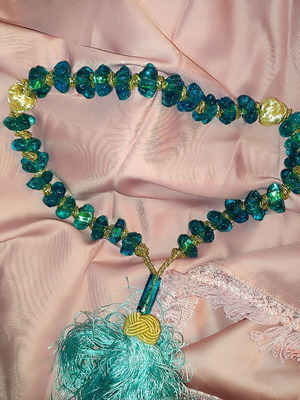 Decorative komboloi new with blue-green stones, gold details and turquoise tassel 50 cm
