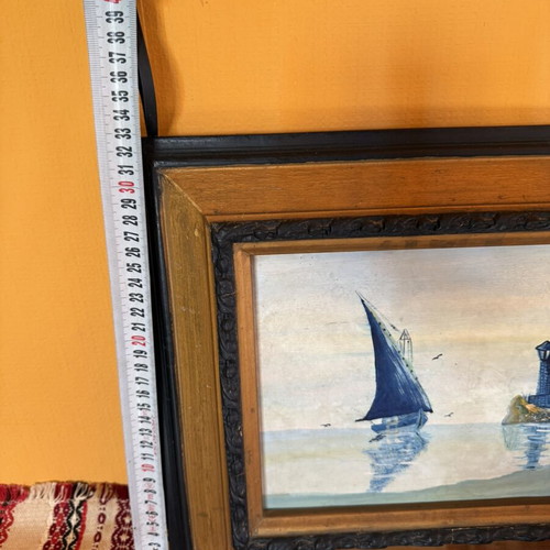 Vintage seascape painting with carved wooden frame like new