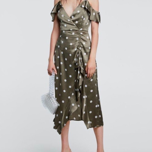 Zara Satin Khaki Polka Dot Open Shoulder Midi Dress Size Medium like new