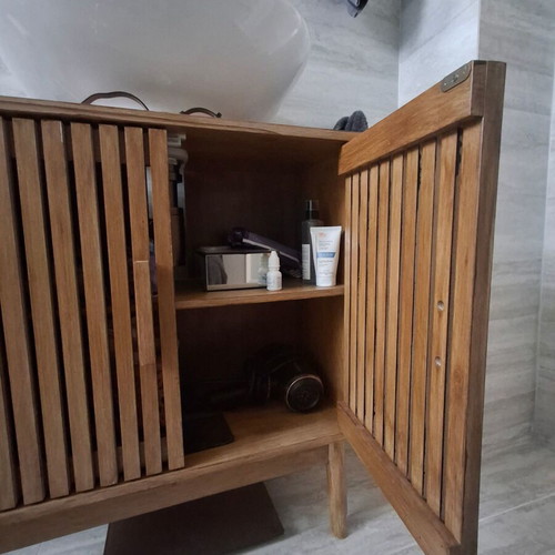 Handmade bathroom vanity cabinet with two doors and shelf
