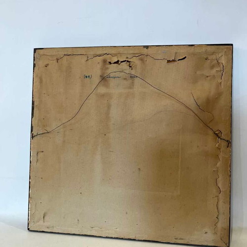 Vintage pyrography wall frame with vulture and elderly man, artist signature, 43x44