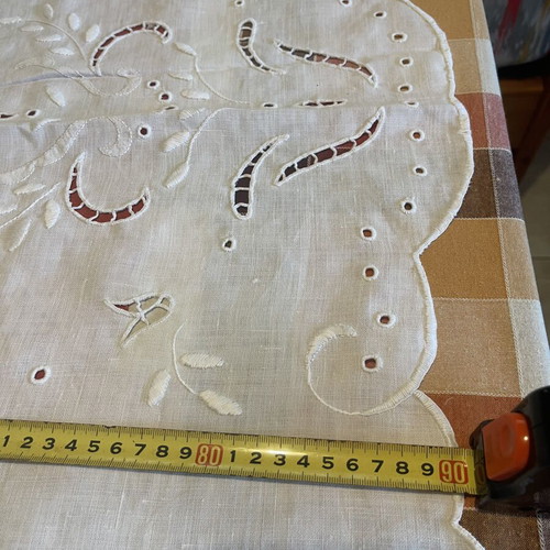 Two handmade linen window curtains with cutwork embroidery and openwork