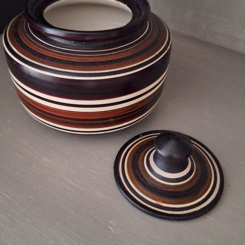 Ceramic traditional handmade container with lid, used, 1970s