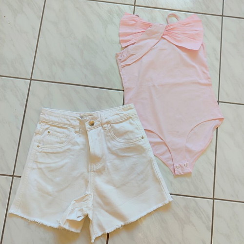 Zara pink bodysuit and white denim shorts set