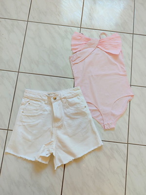 Zara pink bodysuit and white denim shorts set
