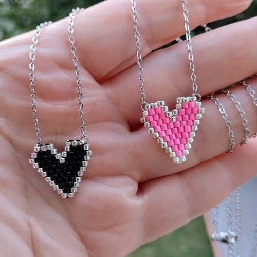 Steel necklace heart pendant with miyuki delica beads