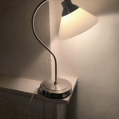 Modern table lamp with adjustable opal glass, inox frame