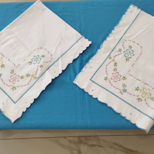 Handmade Double Bed Sheet Set with Pillowcases, Floral Embroidery, Like New