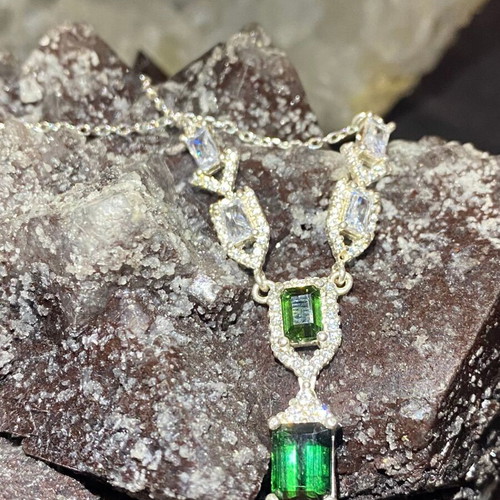 Silver necklace with natural indicolite, green tourmaline, topaz and moissanite
