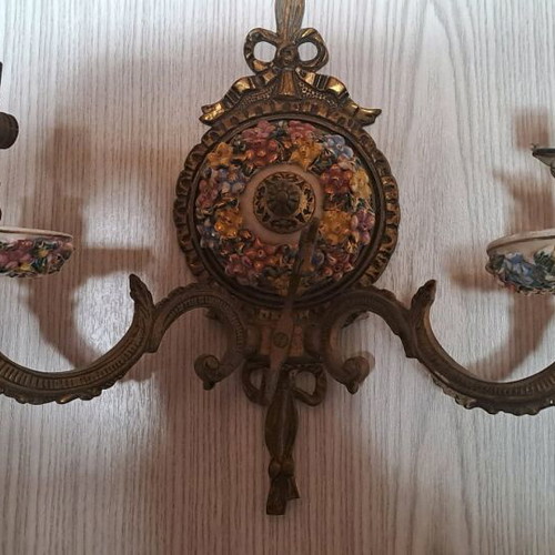 Vintage ceiling chandelier used with brass wall sconces and porcelain