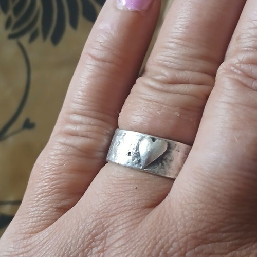 Handmade 925 silver ring with gold fish and heart, 17.5 mm